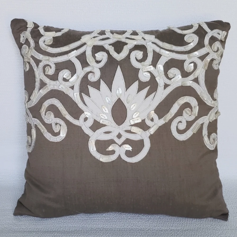 Lola Hand Beaded Taupe Pillow NWT